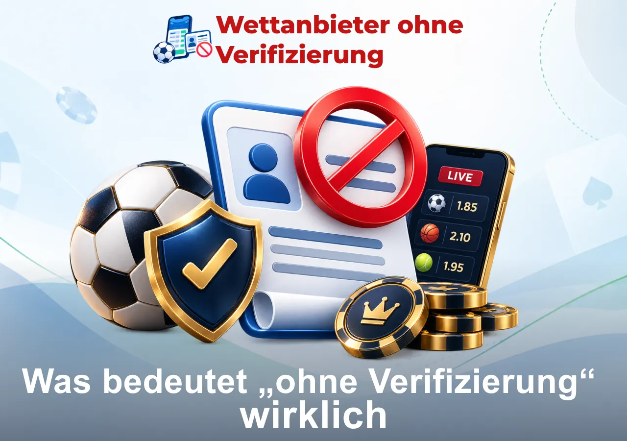 Sportwetten ohne Verifizierung mit Fußball, Wettquoten, Schutzschild und durchgestrichenem Ausweis als Symbol für vereinfachte Anmeldung.