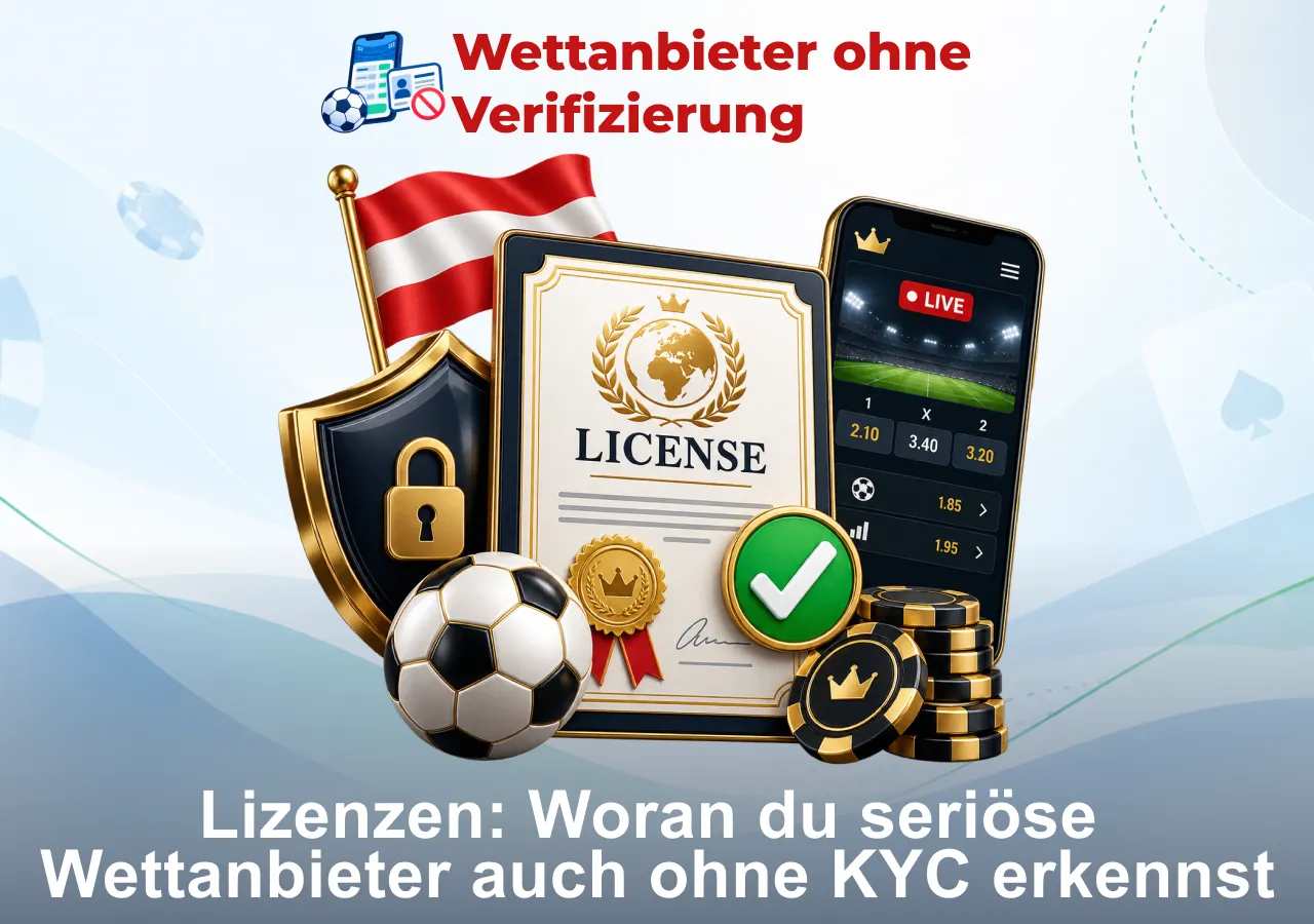 Seriöse Wettanbieter ohne KYC mit Lizenz, Sicherheitsschild, österreichischer Flagge, Smartphone und geprüften Sportwetten.